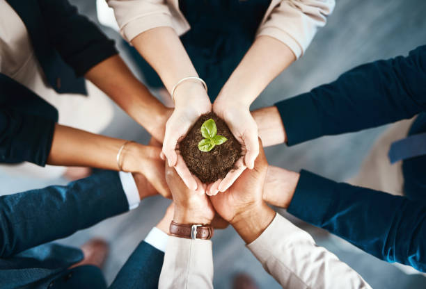 High angle shot of a group of business colleagues holding a budding plant growing out of soil in their hands
